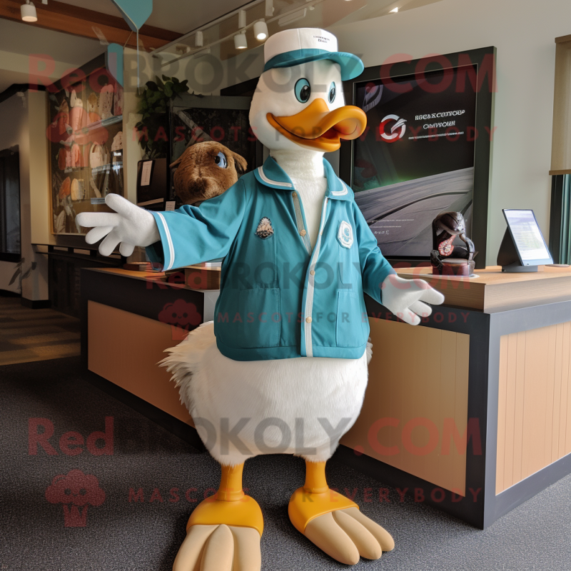 Teal Goose mascot costume character dressed with a Chinos and Rings