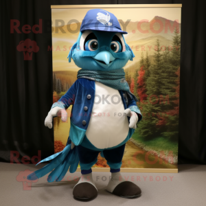 Teal Blue Jay mascot costume character dressed with a Skinny Jeans and Shawl pins