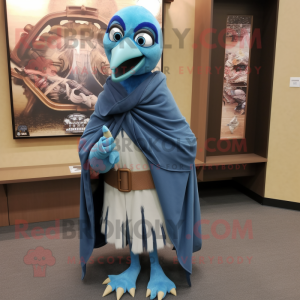 Teal Blue Jay mascot costume character dressed with a Skinny Jeans and Shawl pins