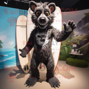 Black Hyena mascot costume character dressed with a Board Shorts and Earrings