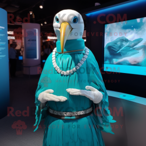 Turquoise Albatross mascot costume character dressed with a Pleated Skirt and Bracelets