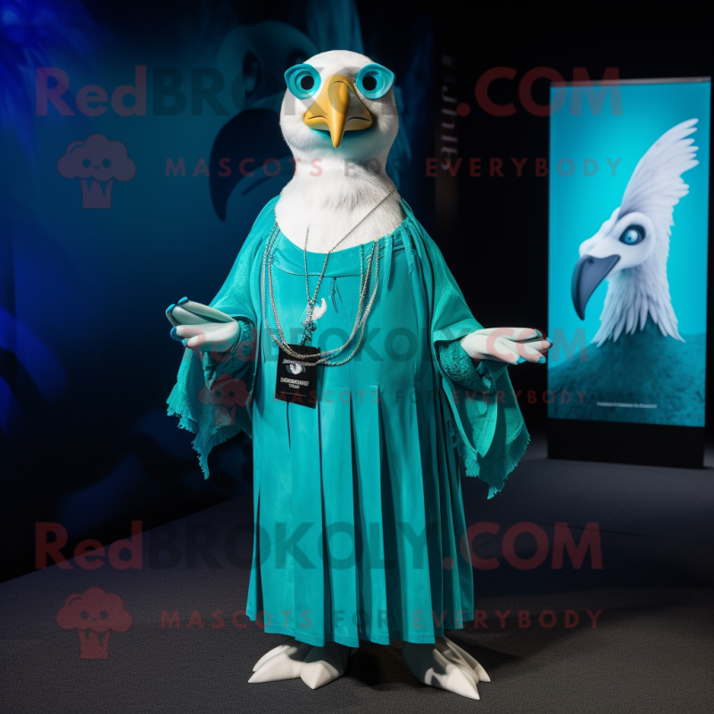 Turquoise Albatross mascot costume character dressed with a Pleated Skirt and Bracelets