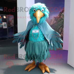 Turquoise Albatross mascot costume character dressed with a Pleated Skirt and Bracelets