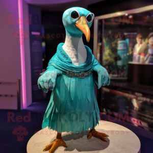 Turquoise Albatross mascot costume character dressed with a Pleated Skirt and Bracelets