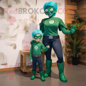 Forest Green Superhero mascot costume character dressed with a Mom Jeans and Anklets