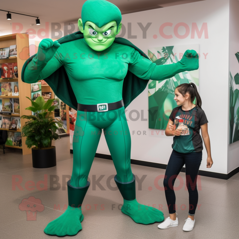 Forest Green Superhero mascot costume character dressed with a Mom Jeans and Anklets Forest Green Superhero mascot costume character dressed with a Mom Jeans and Anklets