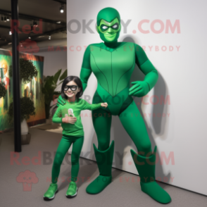 Forest Green Superhero mascot costume character dressed with a Mom Jeans and Anklets