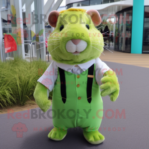 Lime Green Guinea Pig mascot costume character dressed with a Trousers and Suspenders