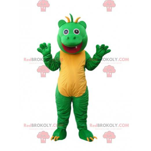 Hilarious green and yellow little monster mascot with bangs on