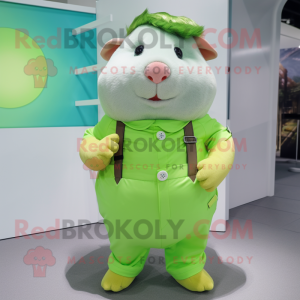 Lime Green Guinea Pig mascot costume character dressed with a Trousers and Suspenders