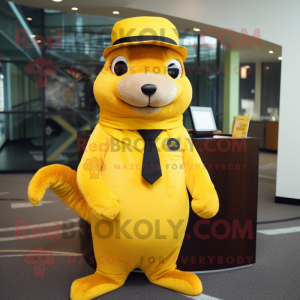 Lemon Yellow Mongoose mascot costume character dressed with a Suit Jacket and Beanies