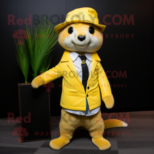 Lemon Yellow Mongoose mascot costume character dressed with a Suit Jacket and Beanies