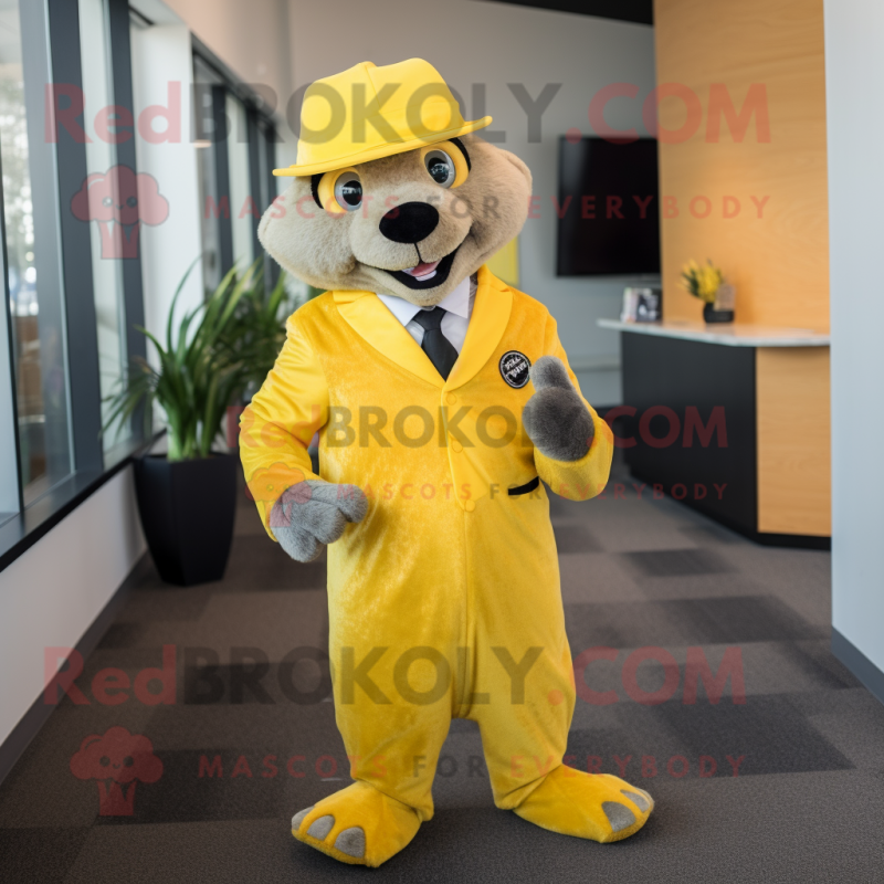 Lemon Yellow Mongoose mascot costume character dressed with a Suit Jacket and Beanies