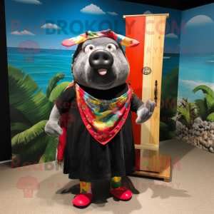 Black Pig mascot costume character dressed with a Board Shorts and Shawls