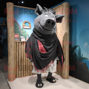 Black Pig mascot costume character dressed with a Board Shorts and Shawls