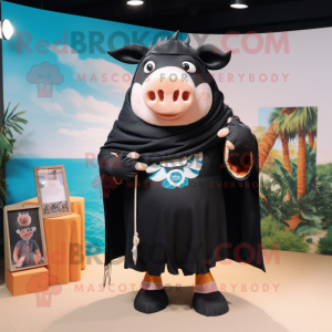 Black Pig mascot costume character dressed with a Board Shorts and Shawls