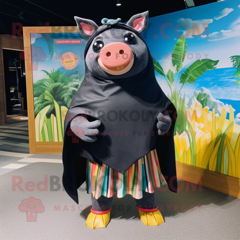 Black Pig mascot costume character dressed with a Board Shorts and Shawls