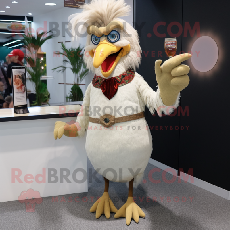 Beige Roosters mascot costume character dressed with a Cocktail Dress and Foot pads Beige Roosters mascot costume character dressed with a Cocktail Dress and Foot pads