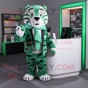 Green Tiger mascot costume character dressed with a Suit Jacket and Scarves