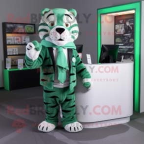 Green Tiger mascot costume character dressed with a Suit Jacket and Scarves