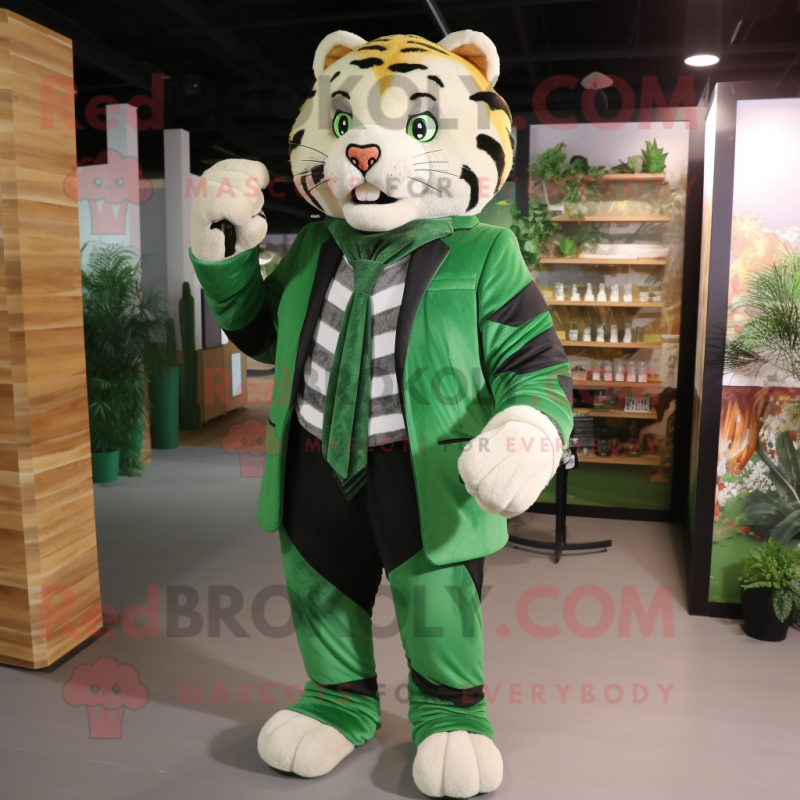 Green Tiger mascot costume character dressed with a Suit Jacket and Scarves