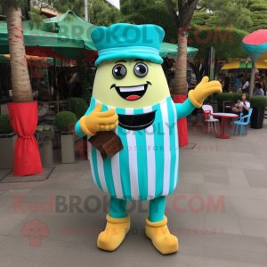 Turquoise French Fries mascot costume character dressed with a A-Line Skirt and Messenger bags