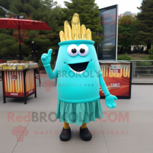 Turquoise French Fries mascot costume character dressed with a A-Line Skirt and Messenger bags