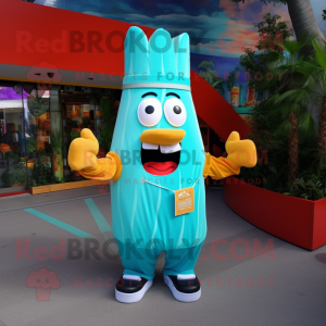 Turquoise French Fries mascot costume character dressed with a A-Line Skirt and Messenger bags