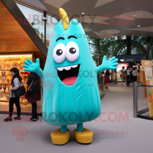 Turquoise French Fries mascot costume character dressed with a A-Line Skirt and Messenger bags
