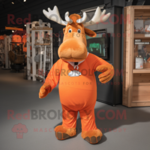 Orange Moose mascot costume character dressed with a T-Shirt and Belts