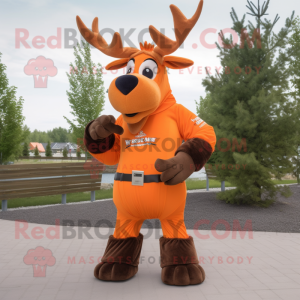Orange Moose mascot costume character dressed with a T-Shirt and Belts