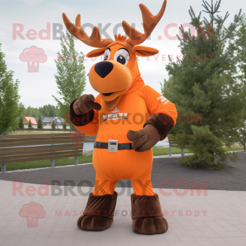 Orange Moose mascot costume character dressed with a T-Shirt and Belts Orange Moose mascot costume character dressed with a T-Shirt and Belts
