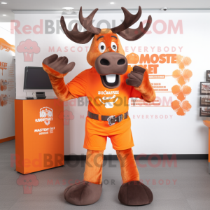 Orange Moose mascot costume character dressed with a T-Shirt and Belts
