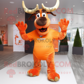 Orange Moose mascot costume character dressed with a T-Shirt and Belts