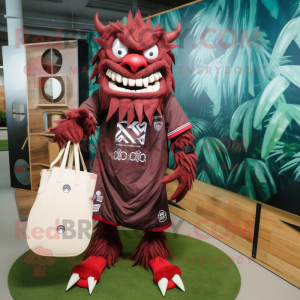 Maroon Demon mascot costume character dressed with a Board Shorts and Tote bags
