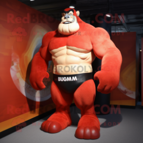 Red Strongman mascot costume character dressed with a One-Piece Swimsuit and Earrings