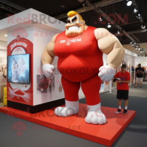 Red Strongman mascot costume character dressed with a One-Piece Swimsuit and Earrings