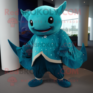 Turquoise Manta Ray mascot costume character dressed with a Corduroy Pants and Anklets