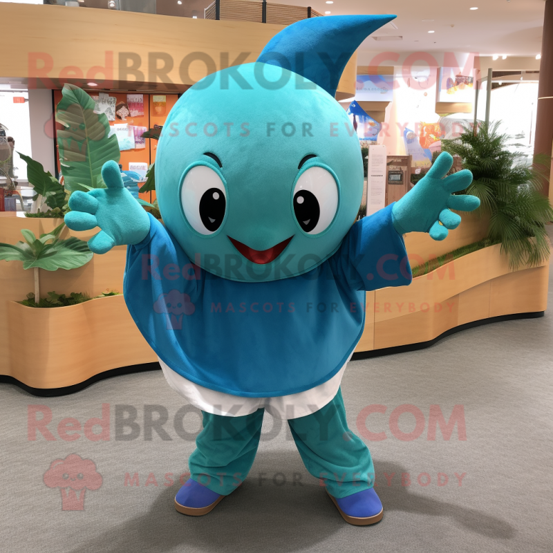 Turquoise Manta Ray mascot costume character dressed with a Corduroy Pants and Anklets