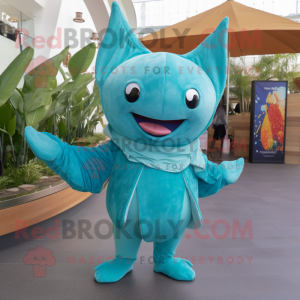 Turquoise Manta Ray mascot costume character dressed with a Corduroy Pants and Anklets