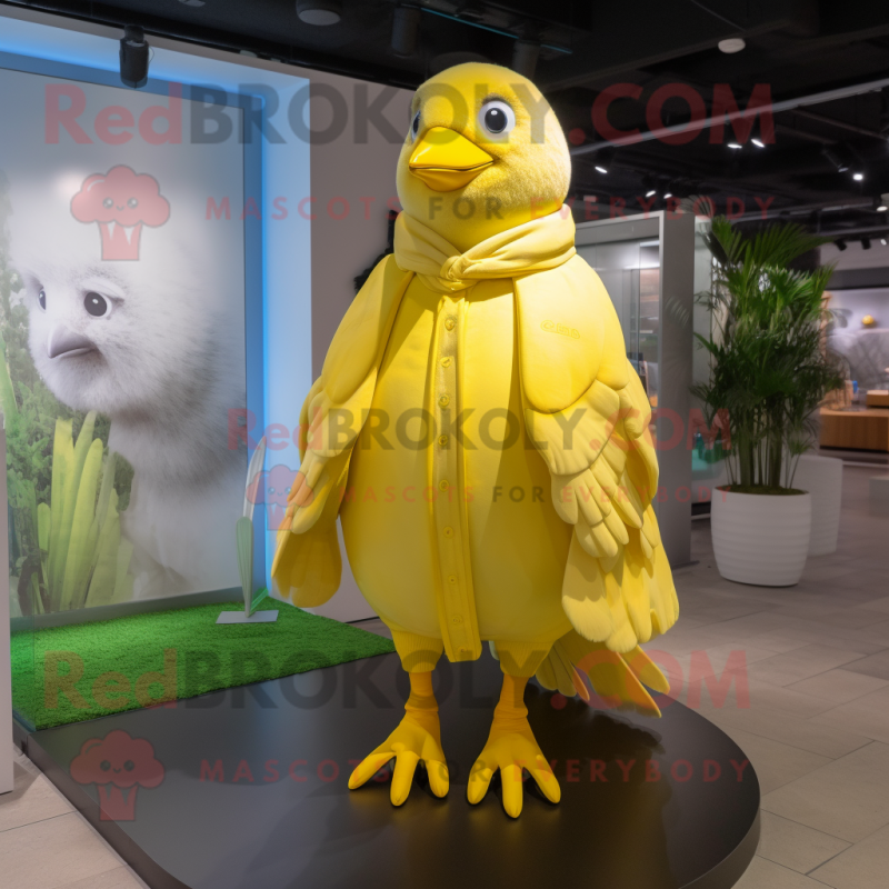 Lemon Yellow Pigeon mascot costume character dressed with a Coat and Wraps Lemon Yellow Pigeon mascot costume character dressed with a Coat and Wraps
