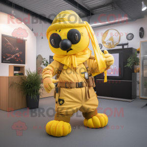 Yellow Special Air Service mascot costume character dressed with a Maxi Skirt and Wraps