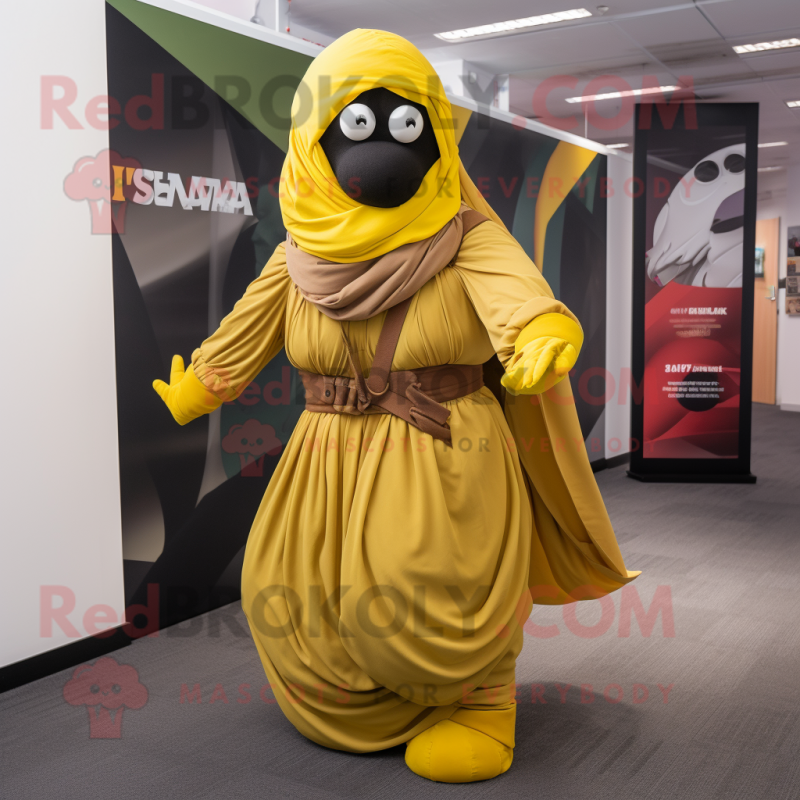 Yellow Special Air Service mascot costume character dressed with a Maxi Skirt and Wraps