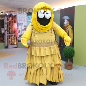 Yellow Special Air Service mascot costume character dressed with a Maxi Skirt and Wraps