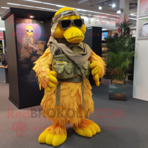 Yellow Special Air Service mascot costume character dressed with a Maxi Skirt and Wraps