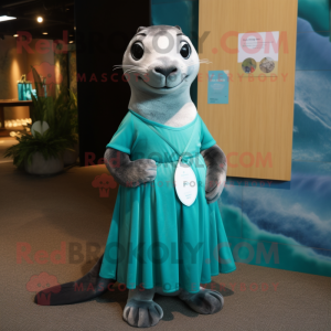 Teal Seal mascot costume character dressed with a Pleated Skirt and Belts