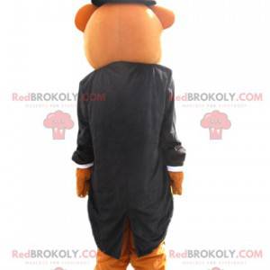 Maskot medvěd hnědý s černým kabátem - Redbrokoly.com