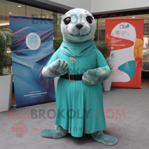 Teal Seal mascot costume character dressed with a Pleated Skirt and Belts