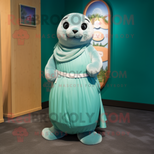 Teal Seal mascot costume character dressed with a Pleated Skirt and Belts