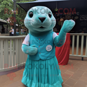 Teal Seal mascot costume character dressed with a Pleated Skirt and Belts